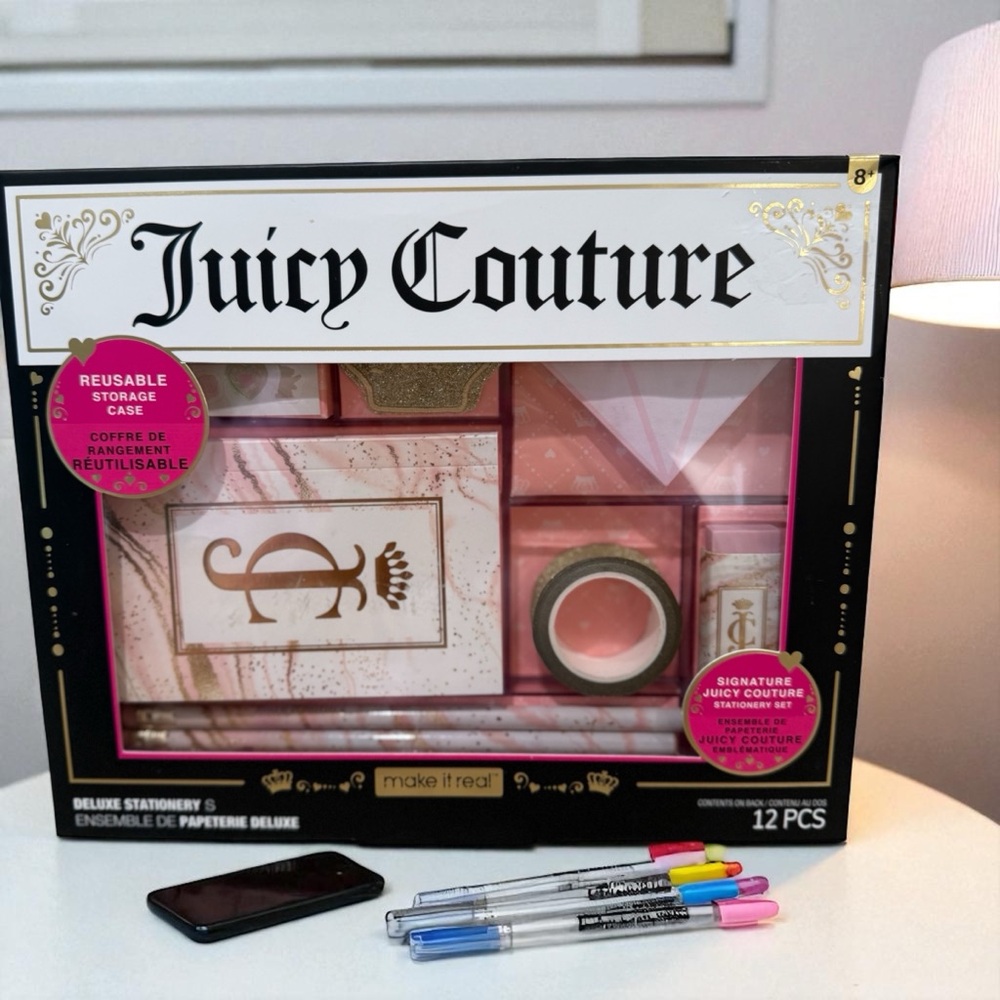 New Signature Juicy Couture Deluxe Stationary Set Reusable Storage case 12 pcs